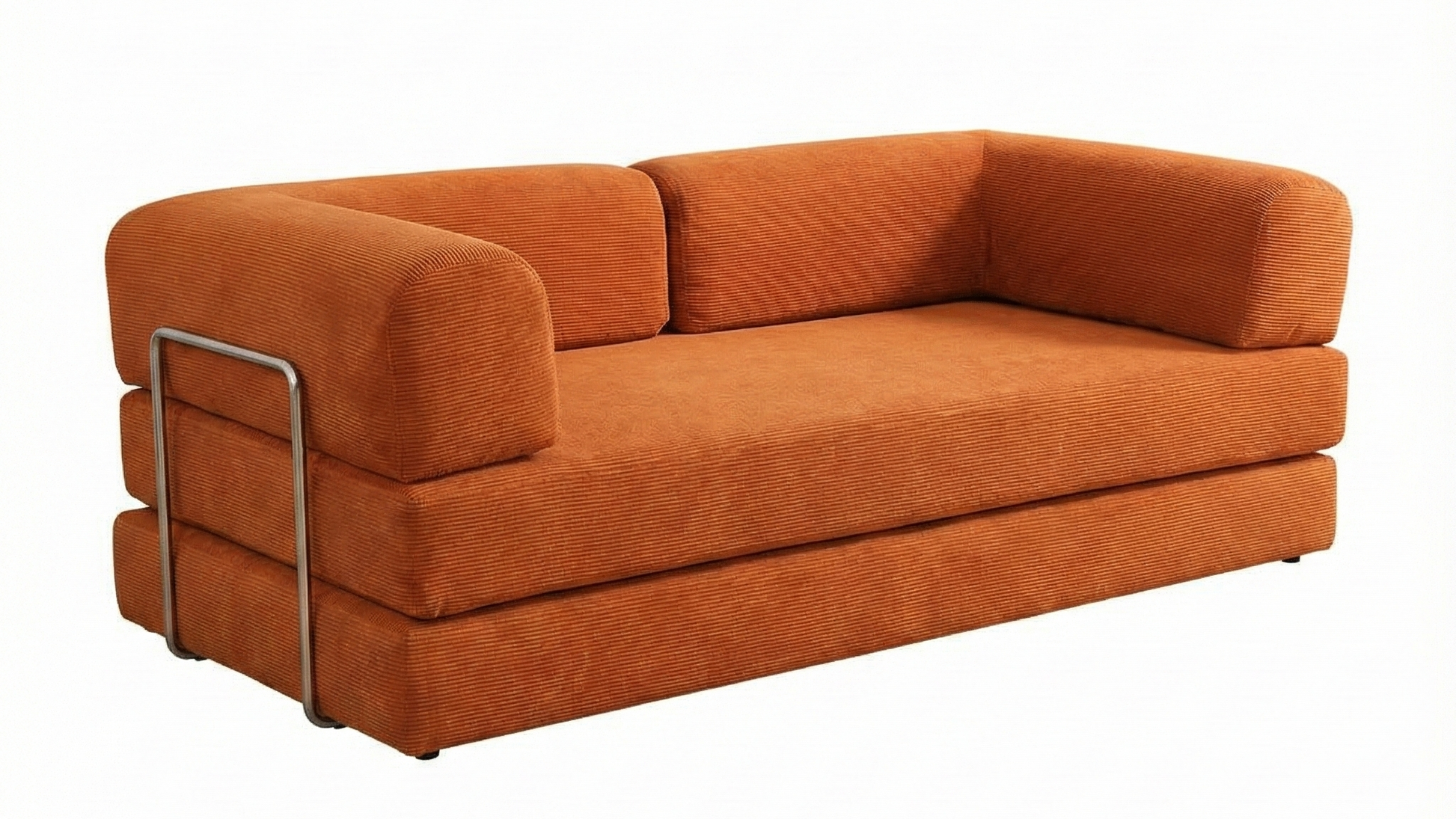 Orange sofa with metal armrests on a white background