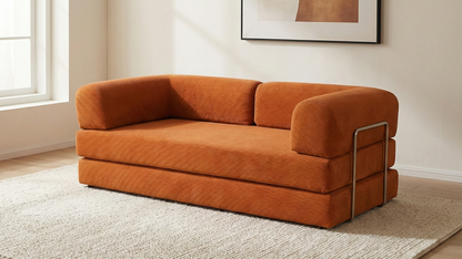 Orange sofa in a room with a rug and abstract art on the wall